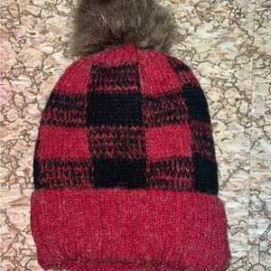 Red and Black Plaid Knit Beanie with Pom Pom